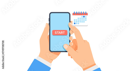 A hand holding a smartphone and pressing the start button to schedule an event or begin a new project on a digital calendar app