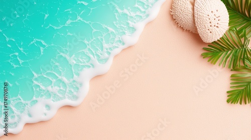 Tropical Beach Still Life: Top-Down View of Turquoise Water, White Sand, Seashells, and Palm Leaves, Creating a Relaxing Summer Scene