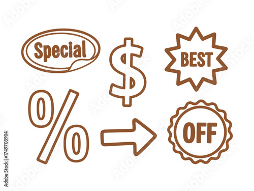 Set of brown sale icons, including special best off dollar percentage and arrow symbols