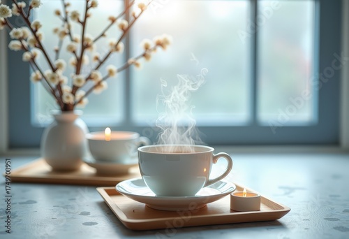 Teacup on wooden tray
