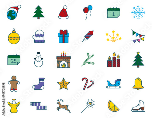 Colorful Christmas and New Year icons set. Includes tree, gift, snowflake, snowman, candle, star, bell, reindeer, mitten, hat, and decoration. Perfect for holiday, winter, and festive design.