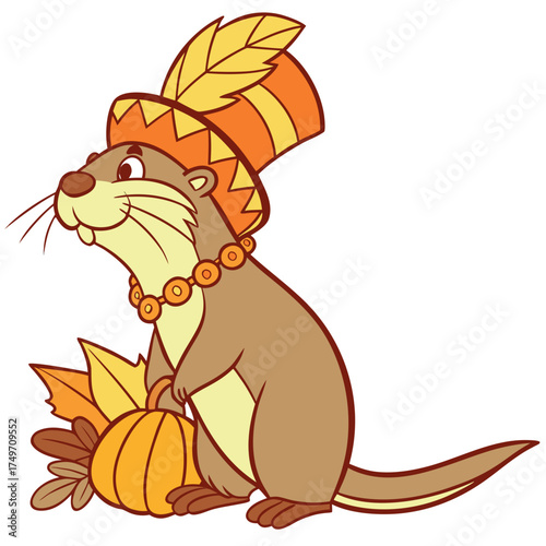 Delightful Dreamy Hairy-Nosed Otter in a Thanksgiving scene – Grateful Harvest vector illustration