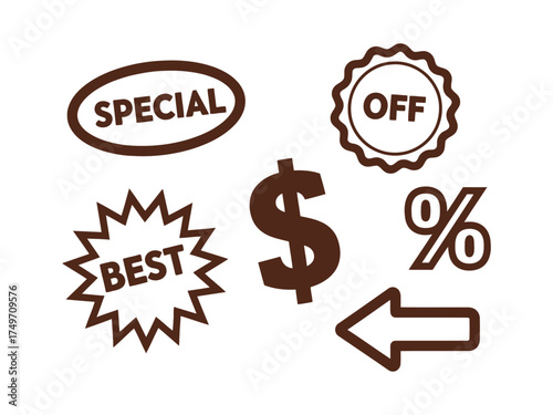 sale and discount icons set, includes special off best dollar sign percentage and arrow