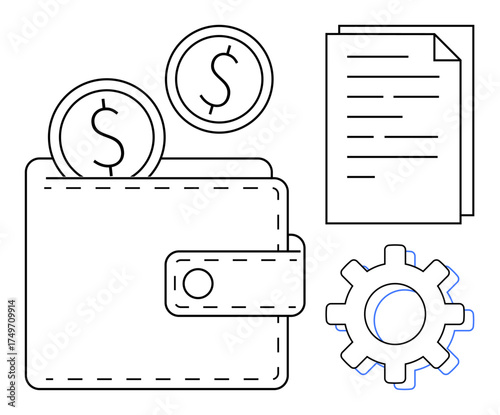 Wallet holding coins, document, and gear symbolizing financial management, budgeting, planning, and strategy. Ideal for business, saving, economy organization productivity investment simple flat