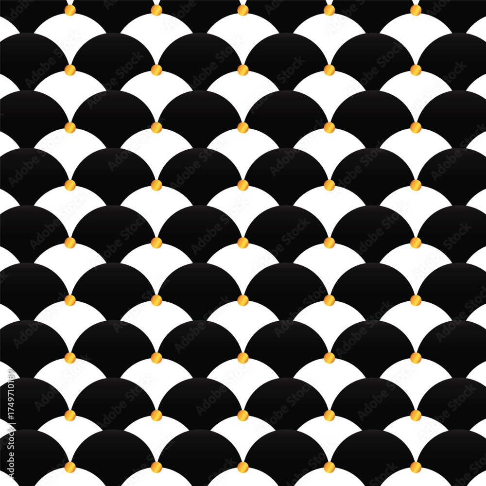 Obraz premium black luxury background ,Elegant Black and White Seamless Scallop Pattern with Gold Dots