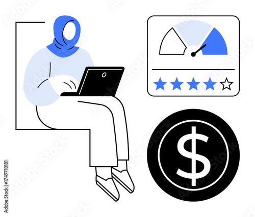 Woman using laptop alongside performance meter, star rating chart, and dollar icon. Ideal for productivity, finance, success, user feedback, rating technology and evaluation. Simple flat metaphor