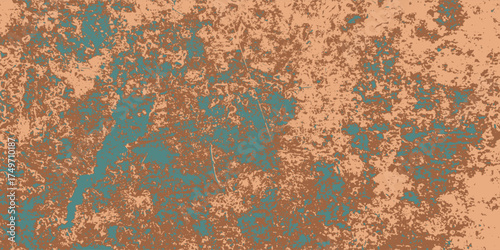 A bg with blue-green and brown shades of copper patina. Aged brass texture with traces of oxidation. A weathered metal surface with rough features. Vector graphics