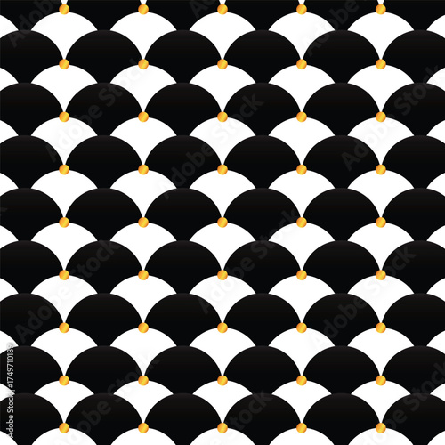black luxury background ,Elegant Black and White Seamless Scallop Pattern with Gold Dots