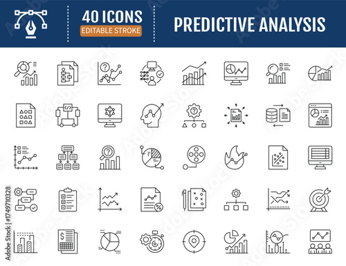 Predictive analytics line icon set. Includes
forecast, model, algorithm, trends, data, insights,
pattern, analytics, future, probability and more.
Vector Illustration with Editable Strokes
