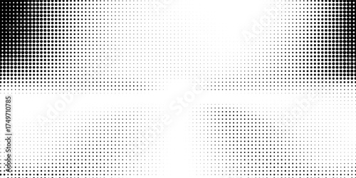 Polka dot light halftone pattern. Gradient dots background. Modern vector illustration. Abstract curves. Points backdrop. Dotted spotted pattern. Monochrome wide grunge template