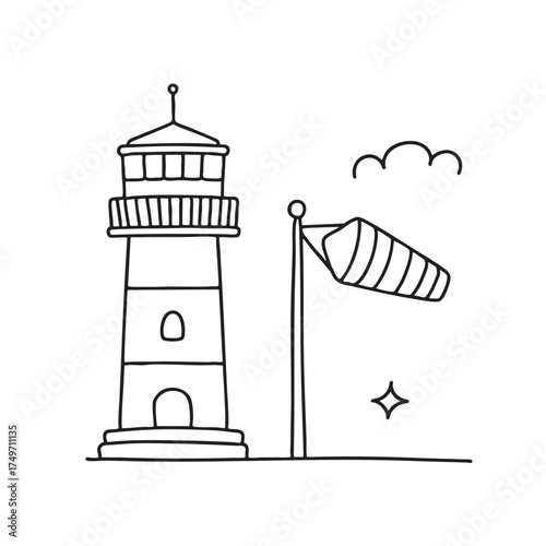 A windsock near a control tower standing tall against the sky