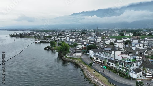 Dali Ancient City Lakeside View Yunnan Province China Aerial Photography Traditional Architecture Mountain Landscape