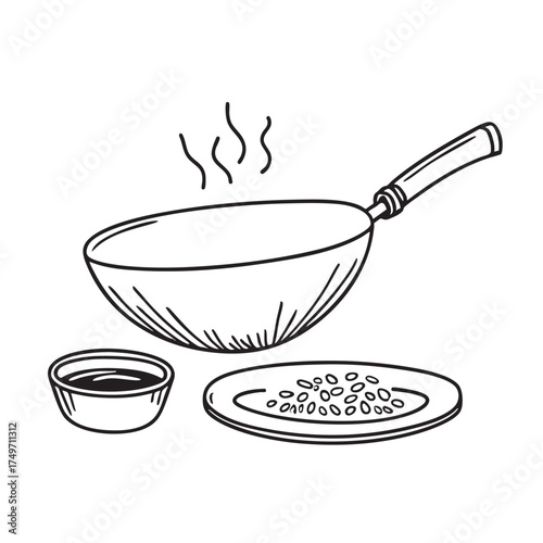 A wok beside a dish of soy sauce and sesame seeds