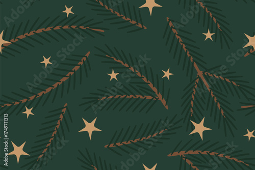 christmas, New Year's Eve seamless pattern with fir tree branches and golden stars; great for wrapping, greeting cards, social media graphics- vector illustration