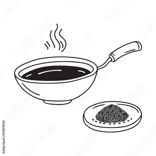 A wok beside a sesame seeds