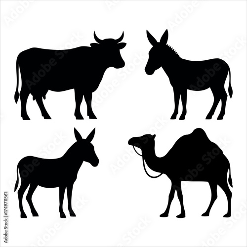 Silhouettes of farm animals including a cow and donkey along with a camel