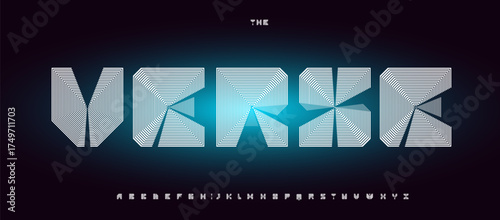 3D squared futuristic alphabet, bold heavy geometric letters, cyberpunk volumetric font for HUD text, modern cyber monogram logo, sci-fi space headline. Creative VR verse typography. Vector typeset