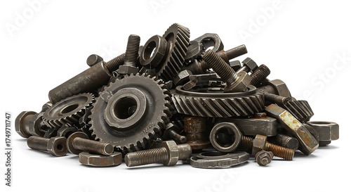 Pile of Metal Gears and Nuts: Assorted Mechanical Parts for Repair or Industry. 