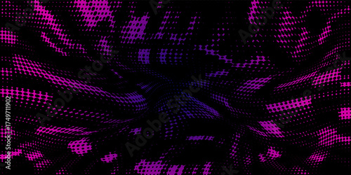 Polka dot purple violet gradient halftone pattern. Half tone background. Modern vector illustration. Black points backdrop. Bright colors dotted spotted panoramic pattern. Vector Illustration