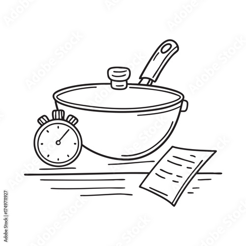 A wok near a timer and a recipe card on the table