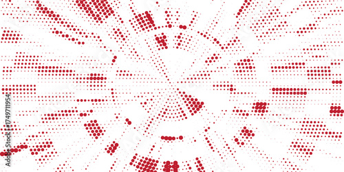 Polka dot red white halftone pattern. Gradient dots background. Modern vector illustration. Abstract curves. Grunge points backdrop. Bright colors dotted spotted pattern