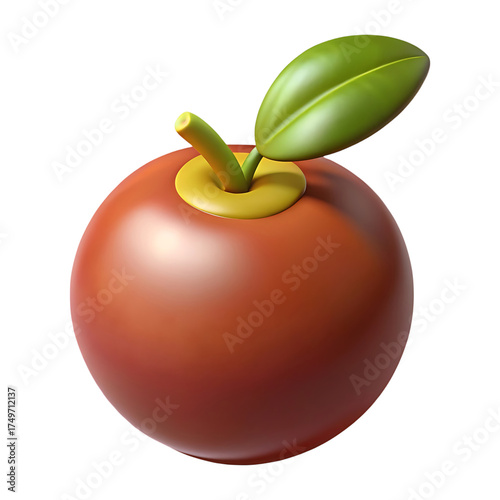 3D Icon of a Shiny Red Apple with Stem and Leaf on transparent background