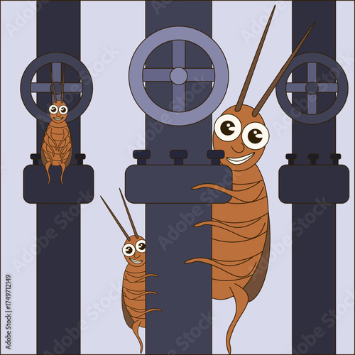 Vector illustration of cockroaches between the water pipes. Simple vector poster for insecticide company.  Cockroach Control Company banner card. EPS 10