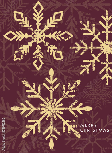 Snowflakes falling, festive greeting card design. Holiday vintage grunge texture. Merry Christmas seasonal postcard. Holiday design with snow flakes pattern, winter poster. Grainy noise. Flat vector.