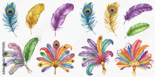 A collection of vibrant watercolor feathers, including individual peacock feathers and elaborate fan-shaped arrangements, perfect for carnival or decorative designs.