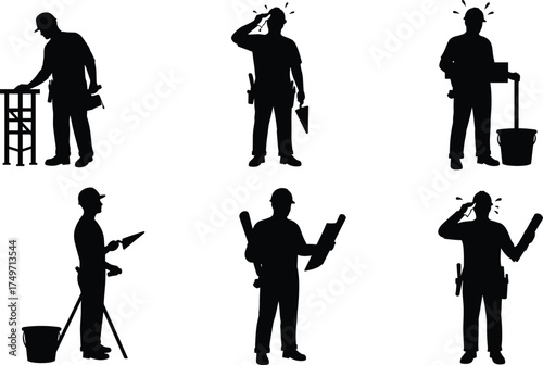 Construction worker silhouettes with tools, scaffolding, blueprints, trowels, and buckets representing teamwork, labor, planning, building, and industrial workplace illustration