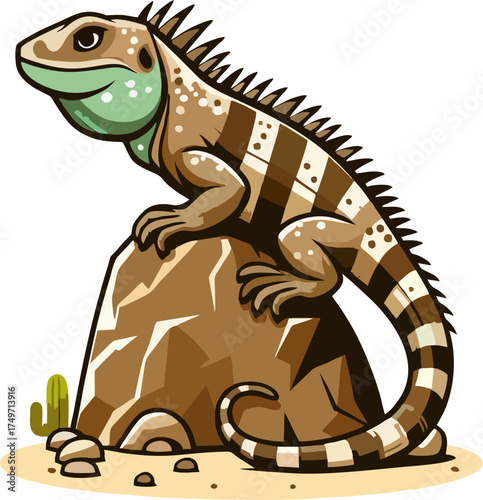 Cartoon Iguana Vector Illustration on Rock – Spiked Lizard with Striped Tail and Desert Cactus Background
