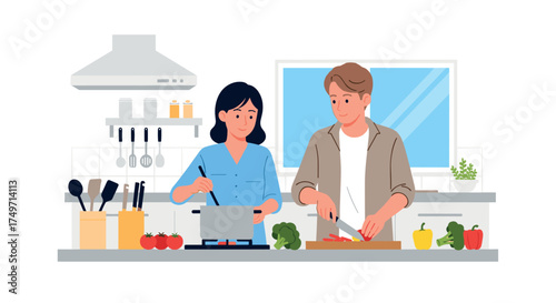 Illustration of a couple cooking together in a kitchen