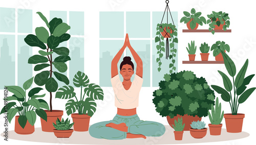 Woman meditating in lotus position surrounded by potted plants