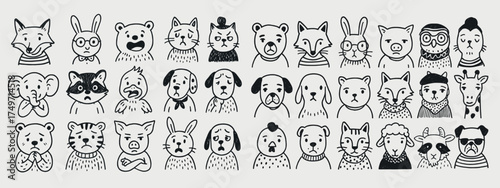Whimsical Animal Portraits Line Art Collection – charming hand-drawn faces of foxes, bears, bunnies, cats, dogs, and owls in minimal black and white doodle style. Playful expressions and unique access