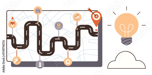 Winding roadmap with markers for milestones, target sign, and glowing lightbulb. Ideal for goal setting, planning, entrepreneurship, project management, strategy innovation leadership. Simple flat