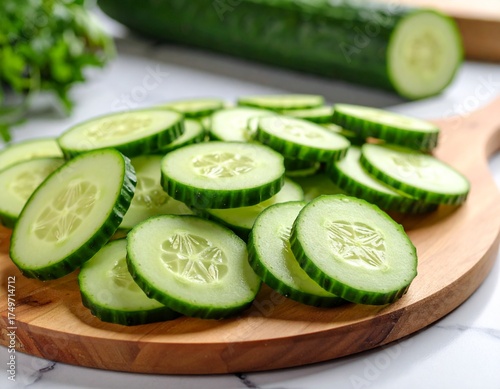 Fresh cucumber in white background, aesthetic and fokus slicing cucumber. Sliced cucumber showcasing its vibrant green and hydrating texture ideal for food photography, detox themes
