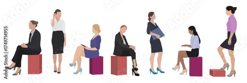 women standing and sitting sideways side view in color for architectural projects in editable vector