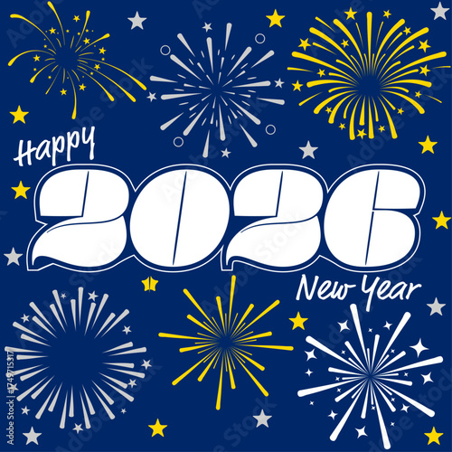 Happy New Year 2026 banner element with exploding fireworks on a dark blue background