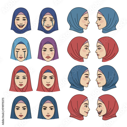 Collection of Muslim Women in Hijabs with Different Emotions.