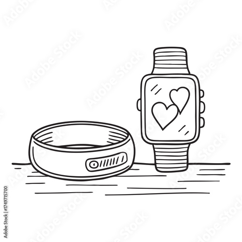 A wristband beside a smartwatch on a wooden table