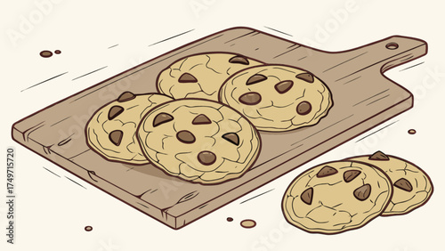 Delicious chocolate chip cookies on wooden cutting board illustration for baking and dessert lovers
