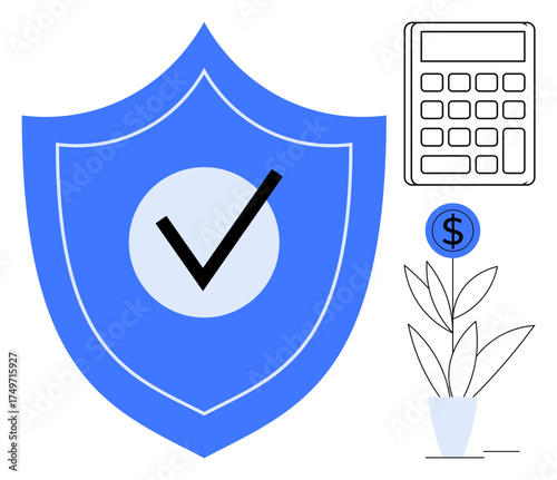 Blue shield with checkmark, potted money plant, and calculator represent finance, protection, growth, and calculations. Ideal for insurance, investment, banking budgeting planning compliance