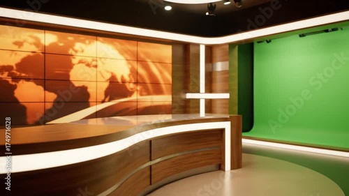 High-tech broadcast news studio with large video wall and green screen, ready for virtual production and dynamic media presentations