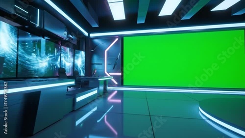 Futuristic virtual news studio interior with a large green screen background for modern broadcasting and digital production