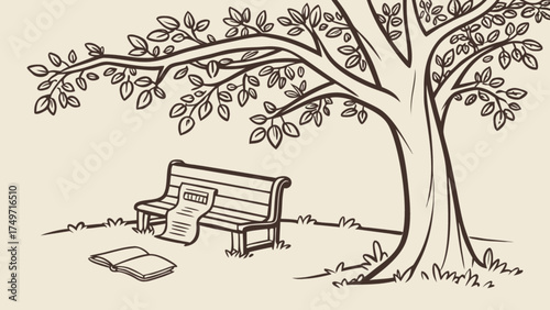 Illustration of a peaceful park scene with a tree bench book and newspaper for relaxation time