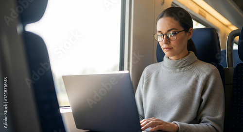 Focused young woman working on laptop while traveling by train