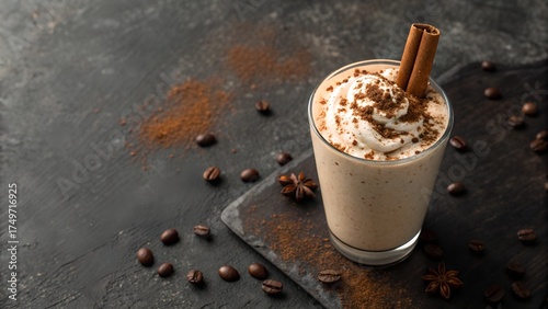 Creamy Coffee Drink with Whipped Cream Cinnamon Sticks and Cocoa Powder Dusting