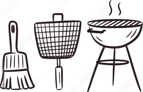 Black and white drawing of barbecue grill and tools tongs brush