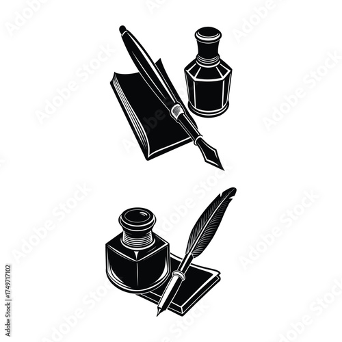 Elegant fountain pen illustration set with classic writing tools