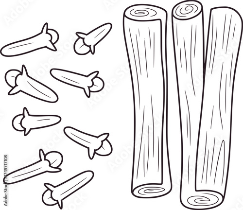 Black and white line drawing of cloves and cinnamon sticks spice cooking